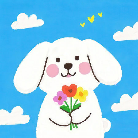 White dog with flowers on blue sky background. Cute cartoon characterの素材