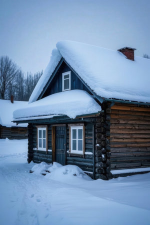 Wooden house covered with fresh snow in winter, Russia, Siberiaの素材