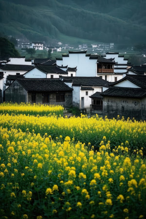 Rape blossoms and village in Wuyuan, Jiangxi, Chinaの素材
