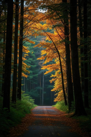 Beautiful autumn landscape in the forest with road and sunbeamsの素材