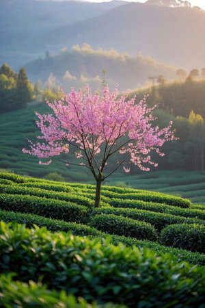 Cherry blossom tree in the tea plantation, Chiang Rai, Thailandの素材