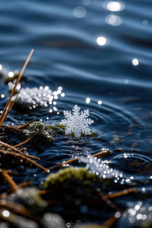 snowflakes on the surface of the water in the forestの素材