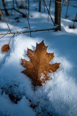 Dry oak leaf on the snow in the winter forest. Natural backgroundの素材