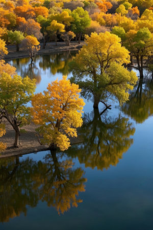 Autumn landscape with yellow trees reflected in the lake, China.の素材