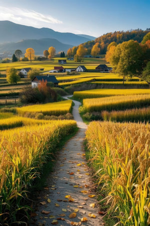 Rice field and village in autumn in Yunnan, China.の素材