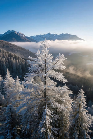 Beautiful winter landscape with snow covered fir trees in the mountains.の素材