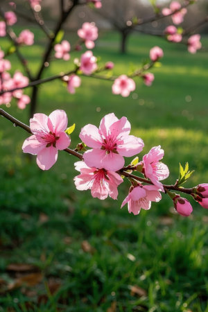 Peach blossom in the garden with green grass in the backgroundの素材