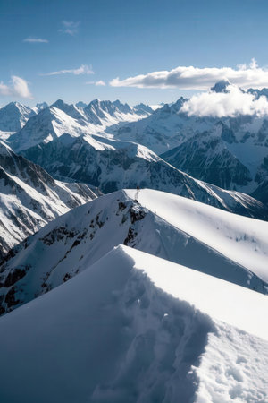 Mountain landscape with snow and clear blue sky. Caucasus Mountains, Georgia, region Gudauri.の素材