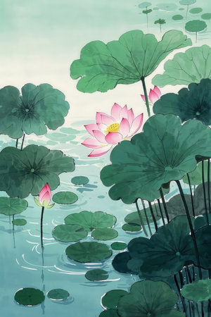 Water lily and lotus leaves in the pond, watercolor paintingの素材