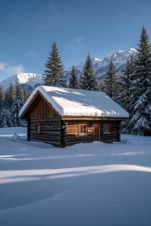 Beautiful winter landscape in the mountains. Small wooden house in the snow.の素材