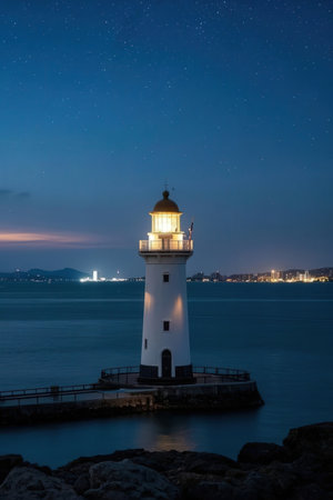 Lighthouse at night in Bosphorus Strait, Istanbul, Turkeyの素材