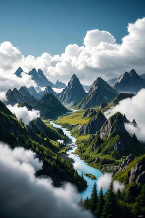Mountain landscape with a river and high peaks in the clouds.の素材