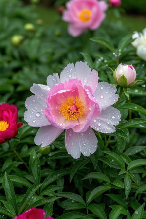 Beautiful pink peony flower with raindrops in the garden.の素材