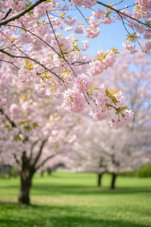 cherry blossom in spring time with green grass and blue skyの素材
