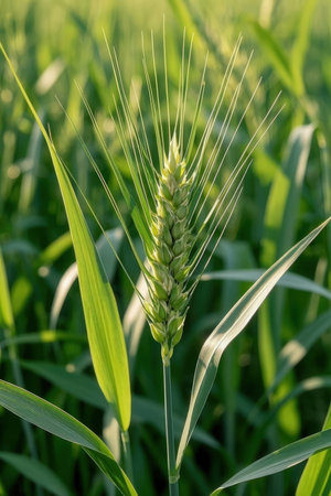 Green ears of wheat in the field. Shallow depth of field.の素材