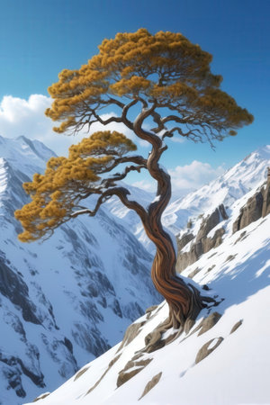 Pine tree in the snowy mountains. 3d render illustration.の素材