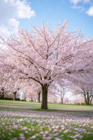 Cherry blossom trees in full bloom in the spring season.の素材