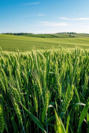 Green wheat field on a sunny summer day. Beautiful nature background.の素材