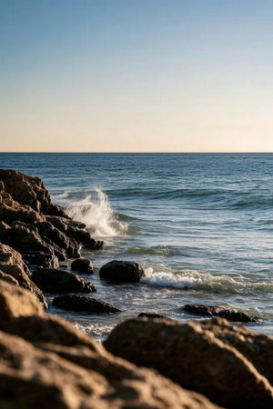 Beautiful seascape with waves breaking on a rocky shore.の素材