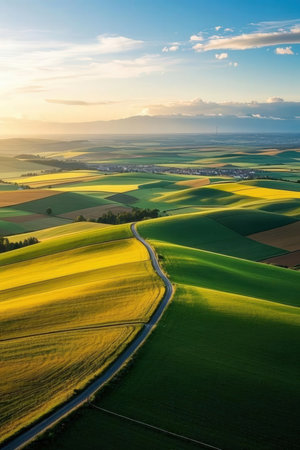 Aerial view of the beautiful green fields in Poland at sunset.の素材
