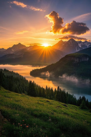 Sunset on the lake in the mountains. Beautiful summer landscape.の素材