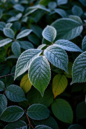 Frost on the leaves of a bush in the early morning.の素材