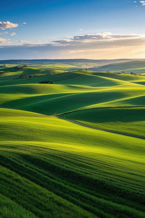 Beautiful Tuscany landscape with green rolling hills and blue skyの素材