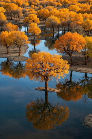 Reflection of autumn trees in a lake, California, USA.の素材