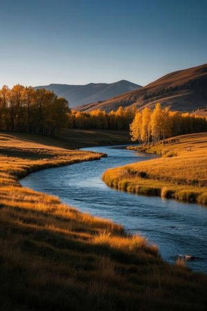 Autumn landscape with a small river in the Altai mountains.の素材