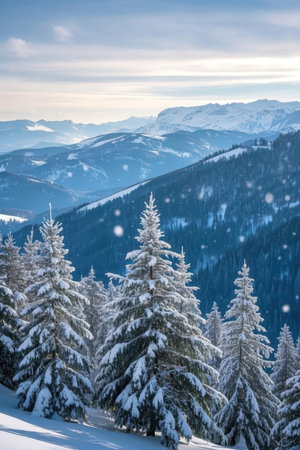 Beautiful winter landscape with snow covered fir trees in the mountains.の素材