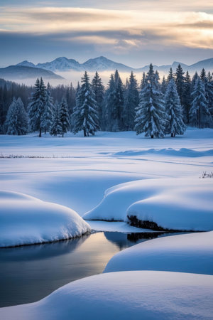 Beautiful winter mountain landscape with snow covered fir trees and lake in the mountainsの素材