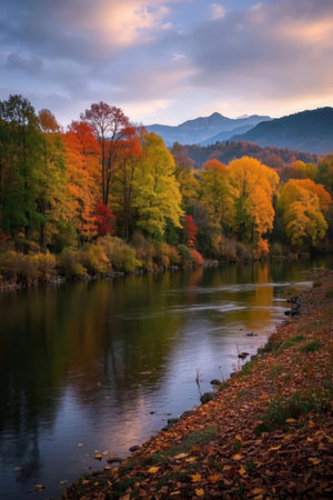 Beautiful autumn landscape with colorful forest on the bank of the riverの素材