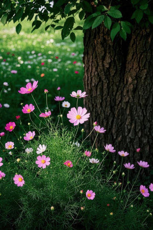 Cosmos flowers in the garden with tree and green leaf background.の素材