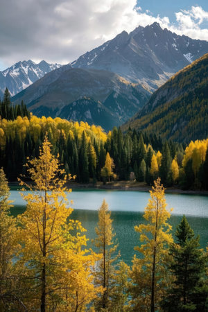 Autumn alpine landscape with lake and mountains in the background.の素材