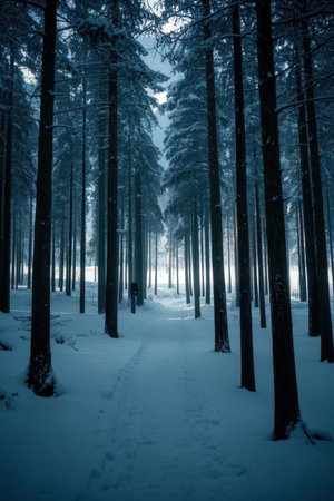 Snowy winter forest with snow covered trees and path. Blue tonedの素材
