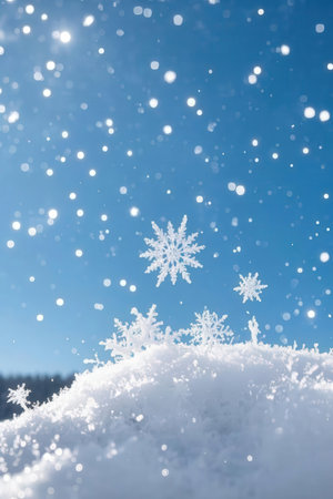Winter background with snowflakes and blue sky. Christmas background.の素材