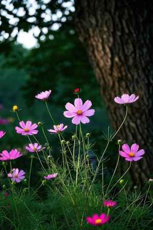 Cosmos flowers in the garden with tree background. (Selective focus)の素材