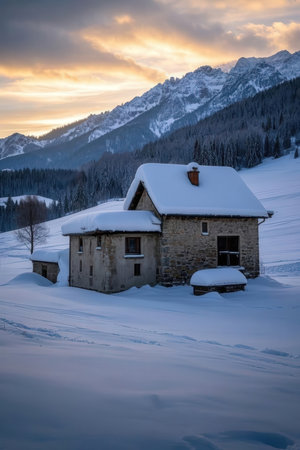 Winter landscape with old house in Dolomites mountains, Italy.の素材