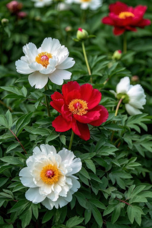 White and red peony flowers in a garden on a sunny dayの素材