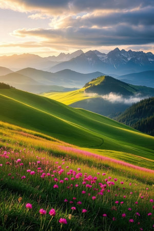 Fantastic morning landscape in the mountains. Dramatic scene. Carpathian, Ukraine, Europe. Beauty world.の素材