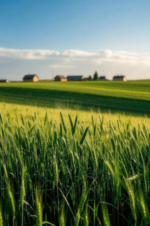 Green wheat field with blue sky in the background. Rural landscape.の素材