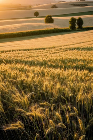 Sunset over a field of golden wheat with trees in the backgroundの素材