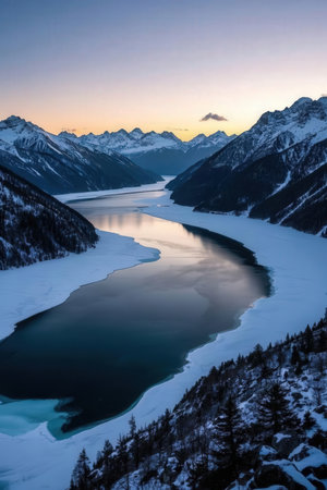 Beautiful winter landscape with mountains and lake at sunset, Switzerland.の素材