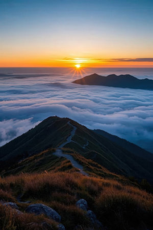 Sunrise over the clouds in the mountains of the Ukrainian Carpathiansの素材