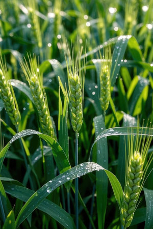 Green wheat field with dew drops close up. Nature background.の素材