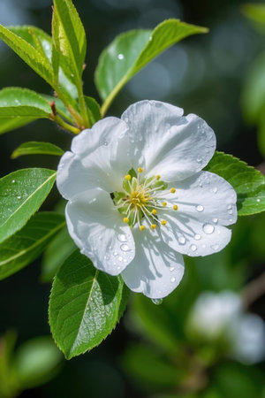 cherry blossom with water drops on petals and green leavesの素材