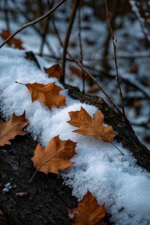 autumn leaves on the snow in the forest, shallow dofの素材