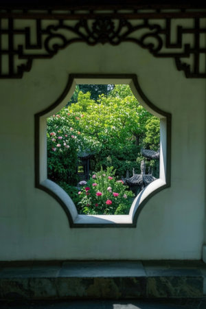 Window in the garden with a view of the garden and the parkの素材