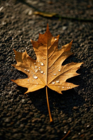 Autumn maple leaf with water drops on the asphalt, shallow depth of fieldの素材