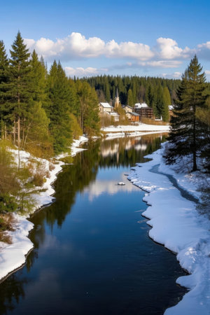 Winter landscape with a small river and wooden houses in the forest.の素材